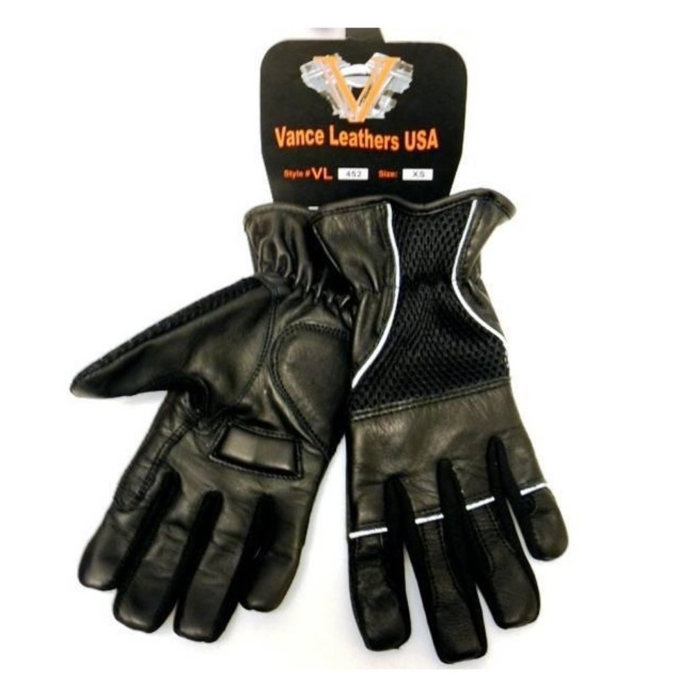 Mesh Leather Gloves with Padded Leather Palms, Reflective Piping & Elastic Cuff